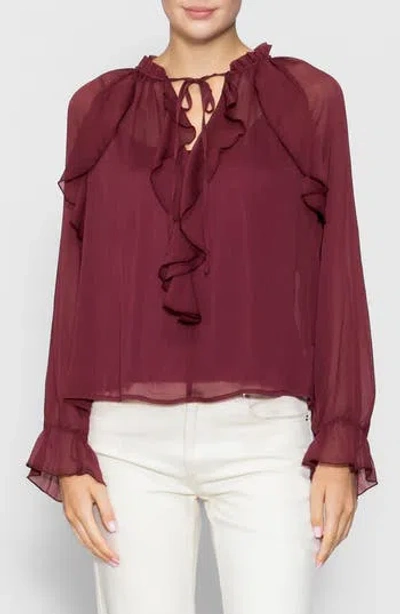 Melloday Ruffle Long Sleeve Top In Burgundy