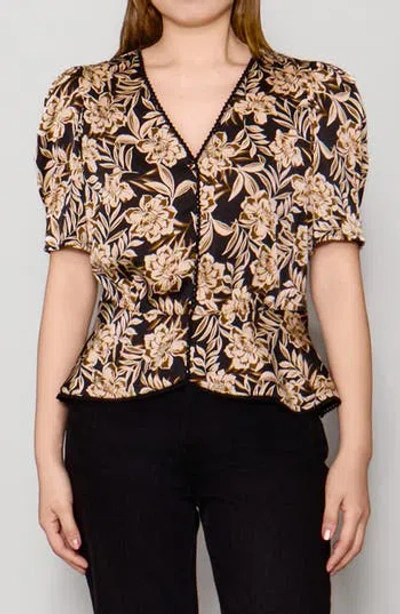 Melloday Satin Lace Trim Top In Navy/brown