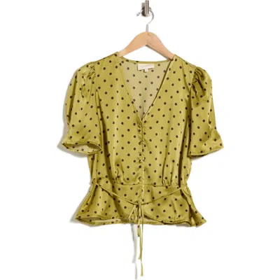 Melloday Satin Peplum Top In Pistachio/brown Dot