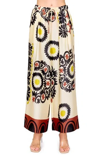 Melloday Satin Wide Leg Pants In Rust Border Print