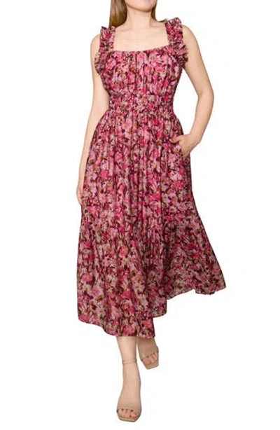 Melloday Shirred Waist Floral Midi Dress In Red