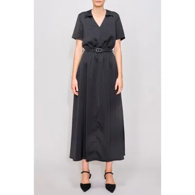 Melloday Short Sleeve Belted Satin A-line Dress In Black