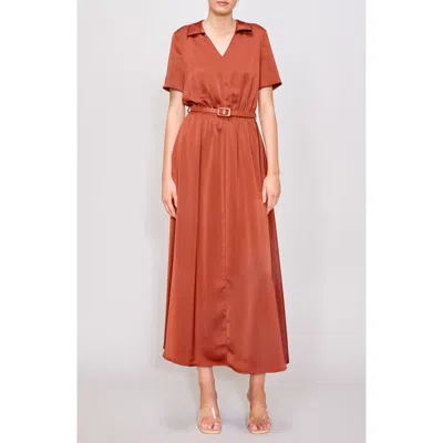 Melloday Short Sleeve Belted Satin A-line Dress In Rust