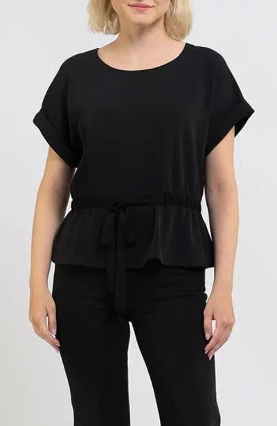 Melloday Short Sleeve Tie Waist Peplum Top In Black