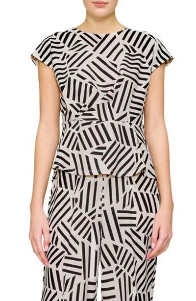 Melloday Side Ruched Crepe Top In Bone Black Geo