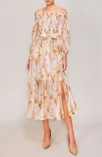 Melloday Smocked Bodice Long Sleeve Organza Midi Sundress In Blush Floral