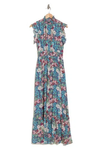 Melloday Smocked Mock Neck Tiered Maxi Dress In Blue Pink Multi
