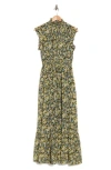Melloday Smocked Mock Neck Tiered Maxi Dress In Green Floral | ModeSens