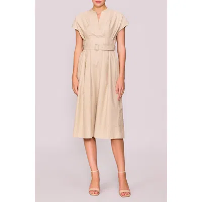 Melloday Split Neck Belted Dress In Neutral
