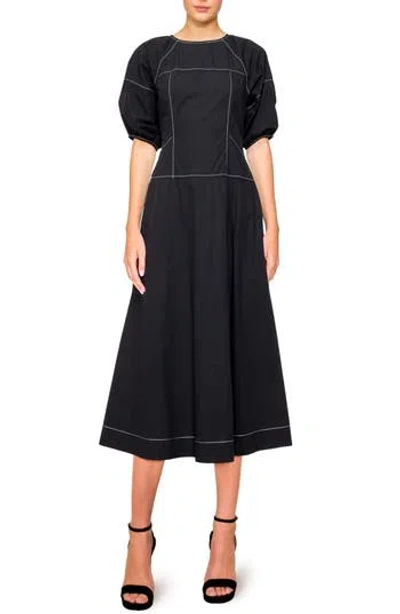 Melloday Stitch Detail Puff Sleeve A-line Midi Dress In Black