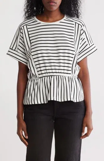 Melloday Stripe Knit Peplum T-shirt In Ivory Black