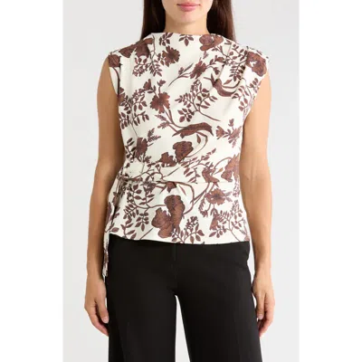 Melloday Techno Crepe Belted Top In Bone Brown Floral