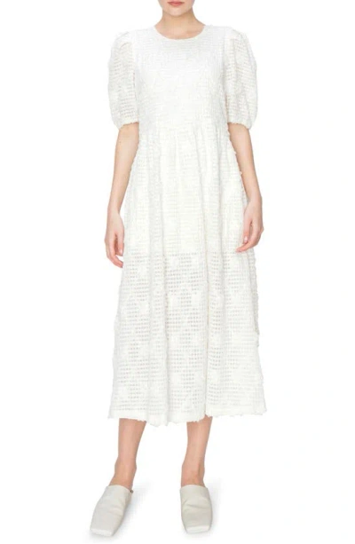 MELLODAY TEXTURED JACQUARD PUFF SLEEVE MIDI DRESS