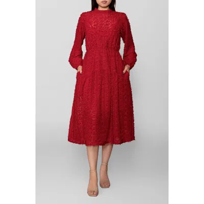 Melloday Textured Long Sleeve Midi Dress In Red