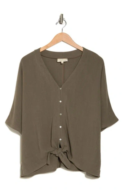 Melloday Tie Front Button-up Top In Olive
