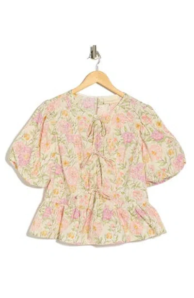 Melloday Tie Front Poplin Peplum Top In Multi