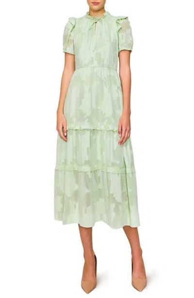 Melloday Tie Keyhole Puff Sleeve Tiered Midi Dress In Light Sage
