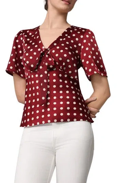Melloday Tie Neck Short Sleeve Satin Top In Burgundy