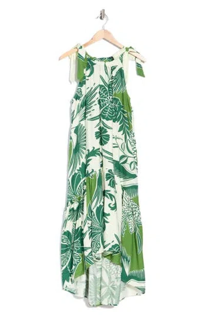 Melloday Tie Shoulder Printed High-low Dress In Green