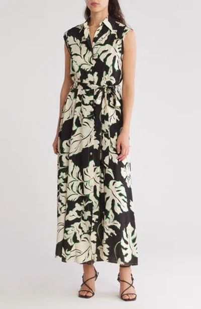 Melloday Tie Waist Maxi Shirtdress In Black/ivory/green | ModeSens