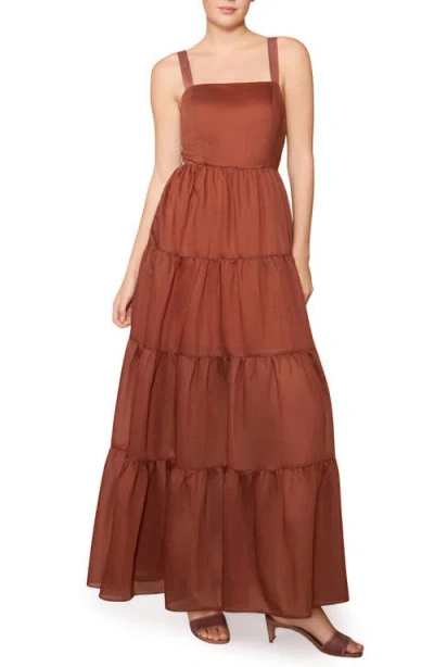 Melloday Tiered Satin Maxi Dress In Brown