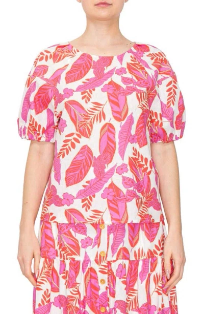 Melloday Tropical Print Puff Sleeve Top In Pink Orange Multi