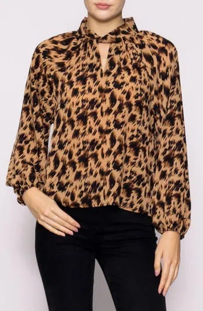 Melloday Twist Neck Long Sleeve Top In Brown