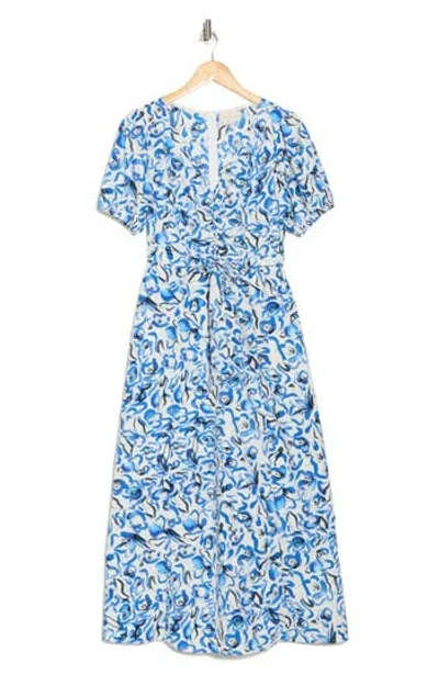 Melloday V-neck Puff Sleeve Dress In White Blue