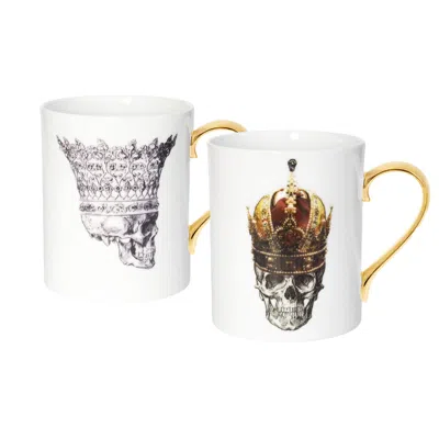 Melody Rose London Gold / Black / White Skull In Crown Set Of Two Mugs In Multi