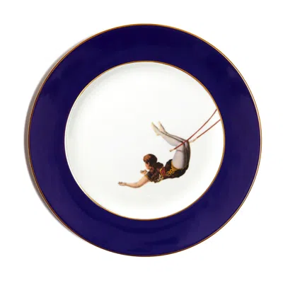 Melody Rose London Gold / Blue / White Trapeze Girl Cobalt Blue Dinner Plate In Multi