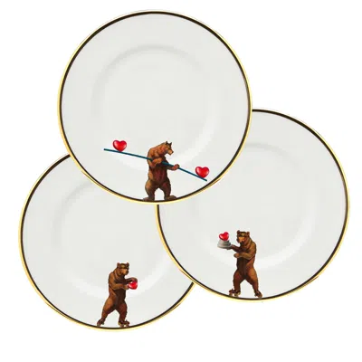 Melody Rose London Gold / White Bearing Love Set Of 3 Dessert Plates