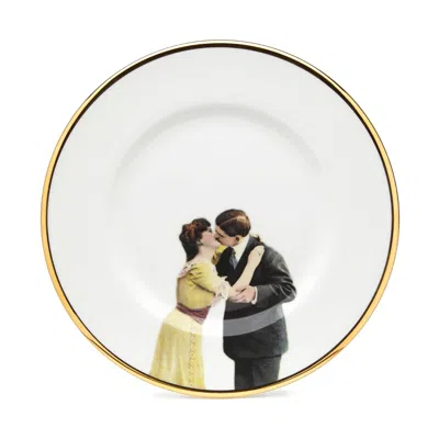 Melody Rose London White / Gold Kissing Couple Bone China Dessert Plate In White/gold