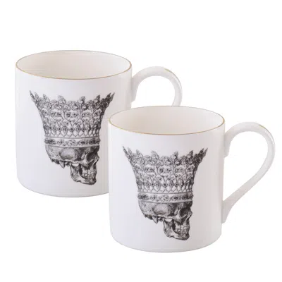 Melody Rose London White / Gold Large Skull In Crown Bone China Set Of Two Mugs