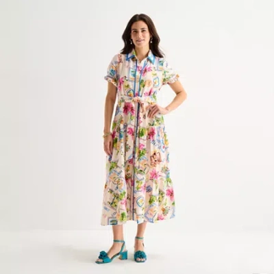 Melonie T Womens Belted 3/4 Sleeve Midi Floral Shirt Dress In Multi
