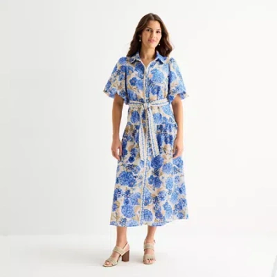 Melonie T Womens Belted Short Sleeve Midi Floral Shirt Dress In Blue