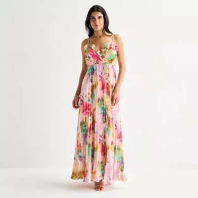 Melonie T Womens Belted Sleeveless Floral Evening Gown In Pink