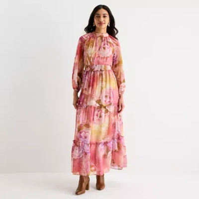 Melonie T Womens Long Sleeve Floral Maxi Dress In Pink
