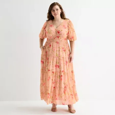 Melonie T Womens Plus 3/4 Sleeve Floral Maxi Dress In Orange