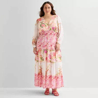 Melonie T Womens Plus V Neck Long Sleeve Balloon Maxi Dress In Multi