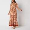 Melonie T Womens Short Sleeve Bordered Maxi Dress In Brown