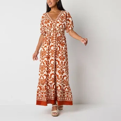 Melonie T Womens Short Sleeve Bordered Maxi Dress In Brown