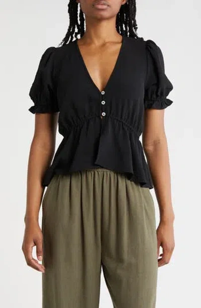 Melrose And Market Button Detail Puff Sleeve Top In Black Jet