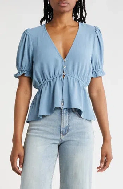 Melrose And Market Button Detail Puff Sleeve Top In Blue Provincial