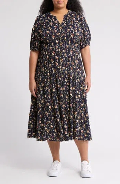 Melrose And Market Crinkle Midi Dress In Navy- Rust Drooping Floral