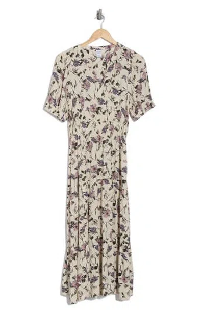 Melrose And Market Crinkled Short Sleeve Tiered Midi Dress In Ivory- Blue Prim Bloom