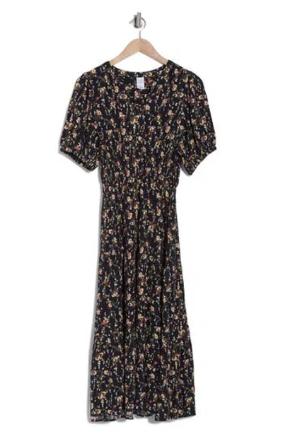 Melrose And Market Crinkled Short Sleeve Tiered Midi Dress In Navy- Rust Drooping Floral