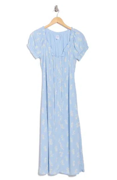 Melrose And Market Floral Tie Keyhole Puff Sleeve Midi Dress In Blue- Ivory Maisie Leaves