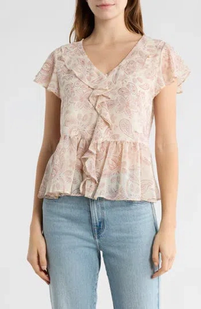 Melrose And Market Flutter Sleeve Chiffon Peplum Top In White