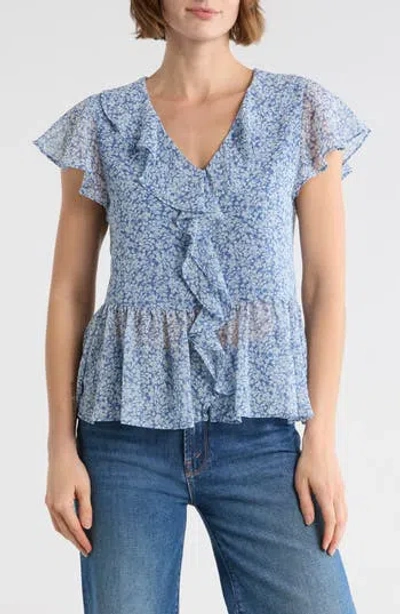 Melrose And Market Flutter Sleeve Chiffon Peplum Top In Blue