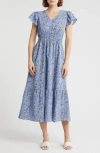 Melrose And Market Flutter Sleeve Smocked Waist Midi Dress In Blue- Ivory Quinn Floral